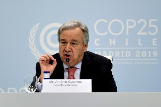 អគ្គលេខាធិការ UN លោក អាន់តូនីញ៉ូ ហ្គូតេរ៉េស ថ្លែងសុន្ឬរកថា ក្នុងព្រឹត្តិការណ៍ COP25 កាលពីឆ្នាំ២០១៩ ។ រូបពី AFP