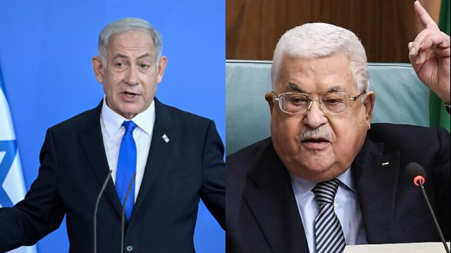 លោក បេនចាមីន ណេតាន់យ៉ាហ៊ូ នាយករដ្ឋមន្រ្តីអុីស្រាអែល (ឆ្វេង) និងលោក Mahmoud Abbas ប្រធានាធិបតីអាជ្ញាធរប៉ាឡេស្ទីន។ រូបភាព AFP