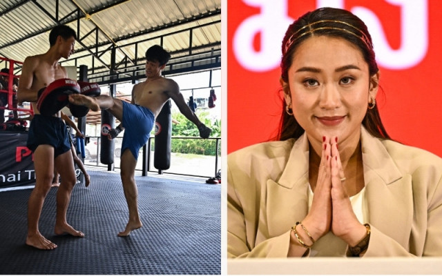 គុន Muay Thai (ឆ្វេង) និងលោកស្រី Paetongtarn Shinawatra អនុប្រធានគណៈកម្មាធិការយុទ្ធសាស្រ្តអំណាចស្រទន់ជាតិថៃ។ រូបភាព AFP