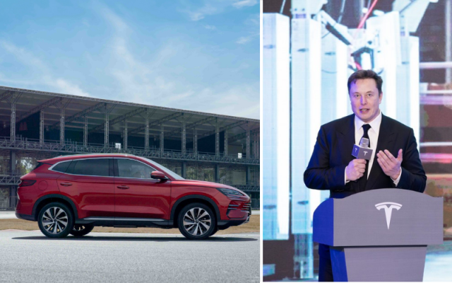 នាយកប្រតិបត្តិក្រុមហ៊ុន​ Tesla លោក​ Elon Musk (ស្តាំ) និងរថយន្តអគ្គិសនីចិន BYD។ រូបភាព Facebook​ BYD និង Xinhua